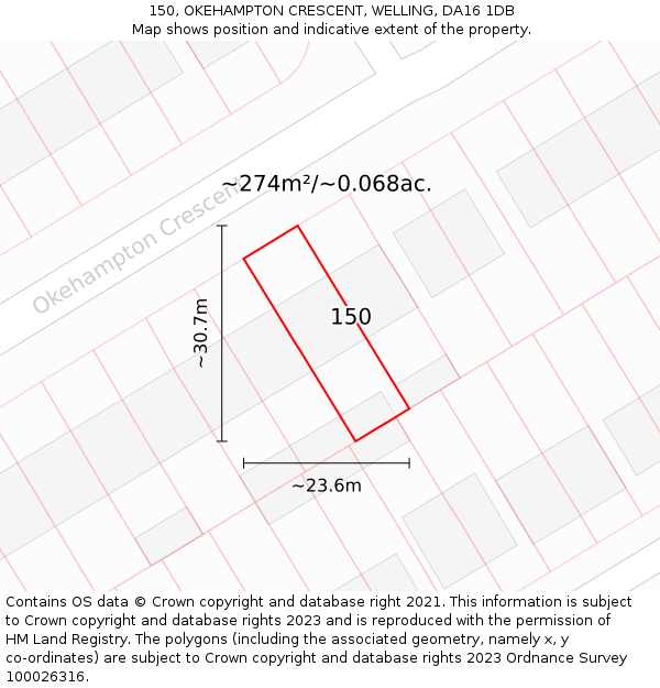 150, OKEHAMPTON CRESCENT, WELLING, DA16 1DB: Plot and title map