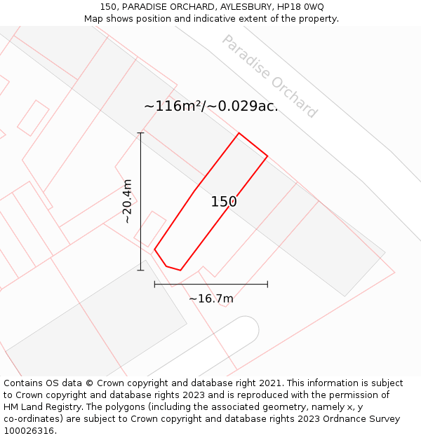 150, PARADISE ORCHARD, AYLESBURY, HP18 0WQ: Plot and title map