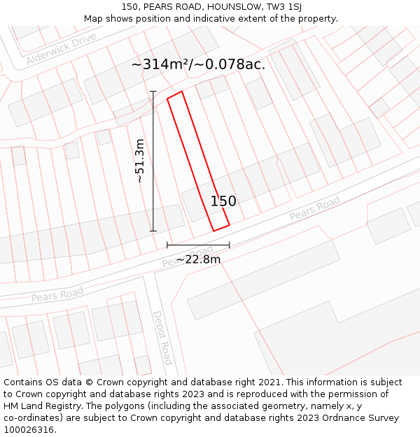 150, PEARS ROAD, HOUNSLOW, TW3 1SJ: Plot and title map