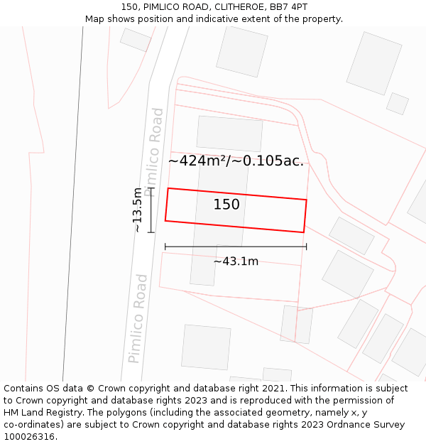 150, PIMLICO ROAD, CLITHEROE, BB7 4PT: Plot and title map