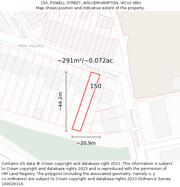 150, POWELL STREET, WOLVERHAMPTON, WV10 0BN: Plot and title map