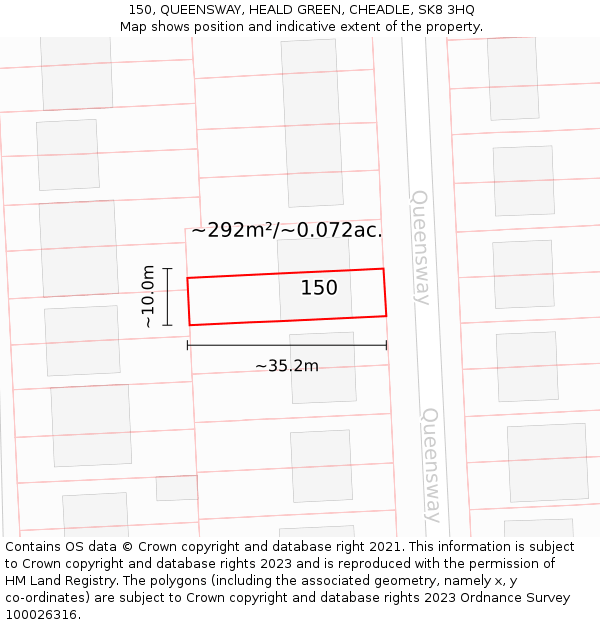 150, QUEENSWAY, HEALD GREEN, CHEADLE, SK8 3HQ: Plot and title map