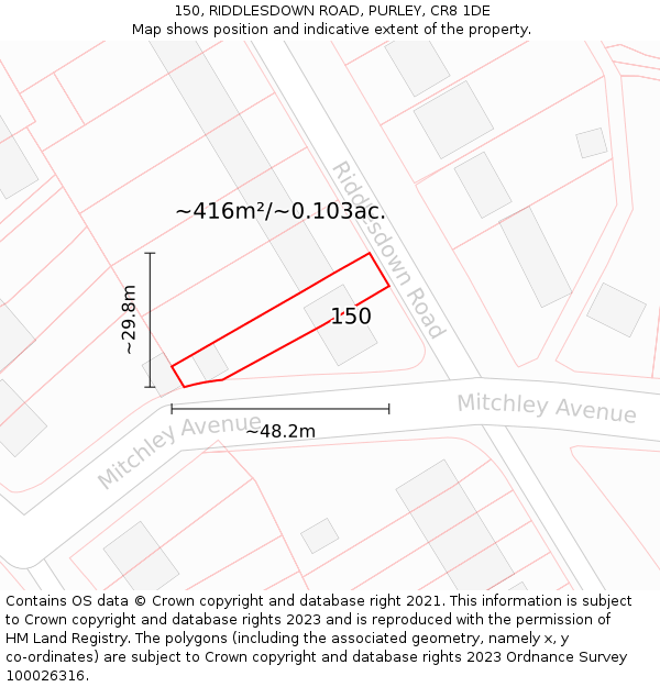 150, RIDDLESDOWN ROAD, PURLEY, CR8 1DE: Plot and title map