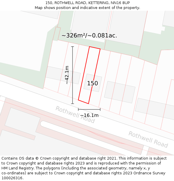 150, ROTHWELL ROAD, KETTERING, NN16 8UP: Plot and title map
