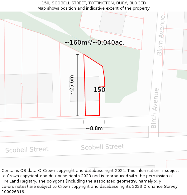 150, SCOBELL STREET, TOTTINGTON, BURY, BL8 3ED: Plot and title map