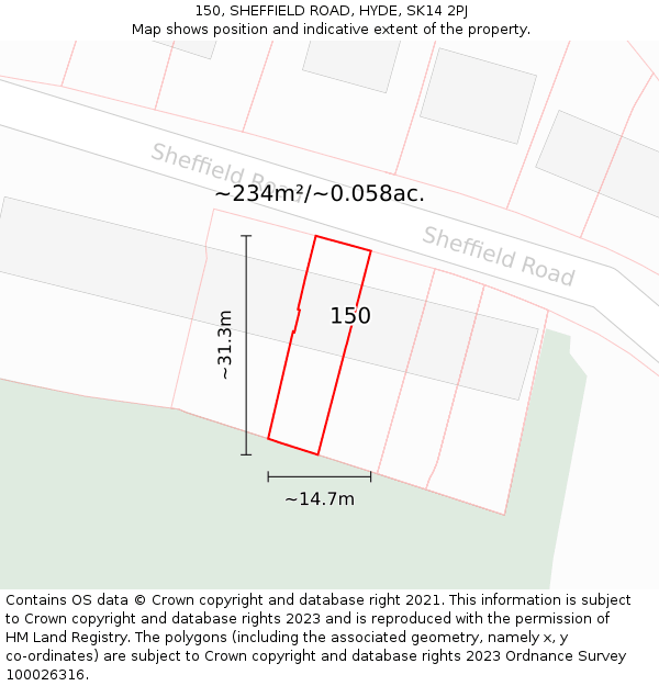 150, SHEFFIELD ROAD, HYDE, SK14 2PJ: Plot and title map