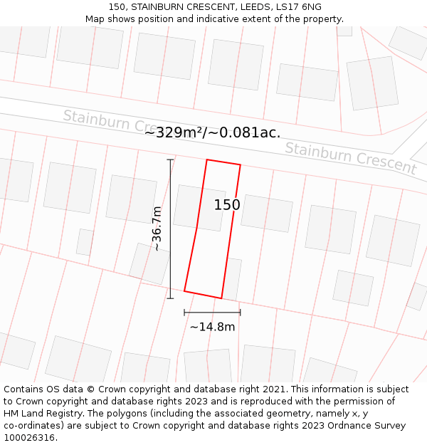 150, STAINBURN CRESCENT, LEEDS, LS17 6NG: Plot and title map