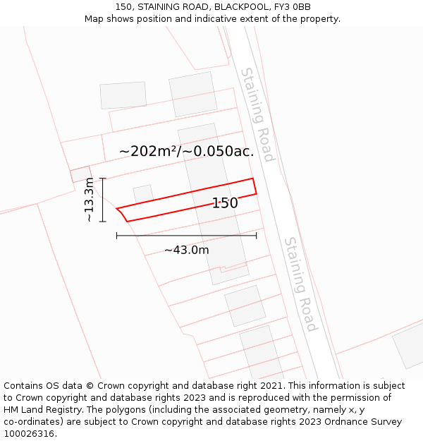 150, STAINING ROAD, BLACKPOOL, FY3 0BB: Plot and title map