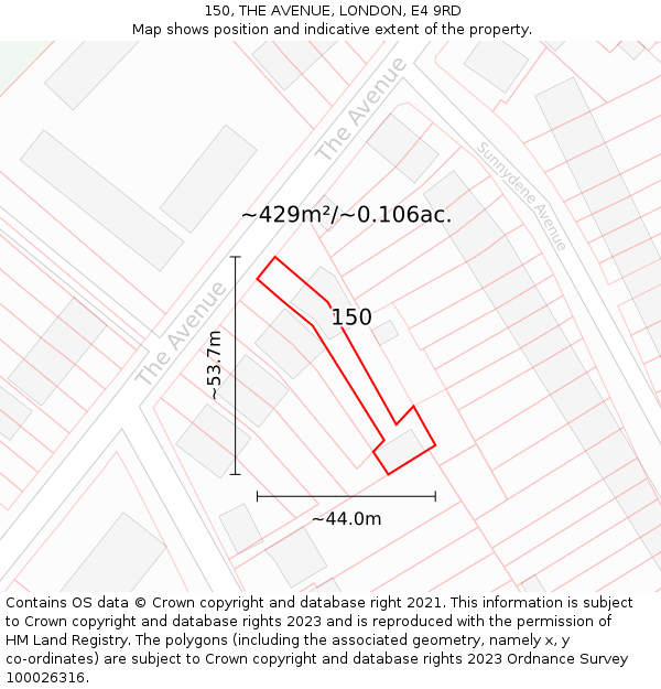 150, THE AVENUE, LONDON, E4 9RD: Plot and title map