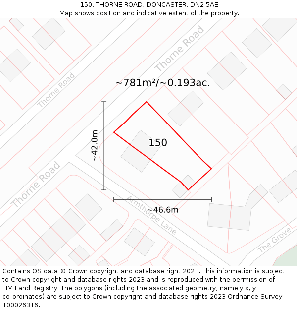 150, THORNE ROAD, DONCASTER, DN2 5AE: Plot and title map
