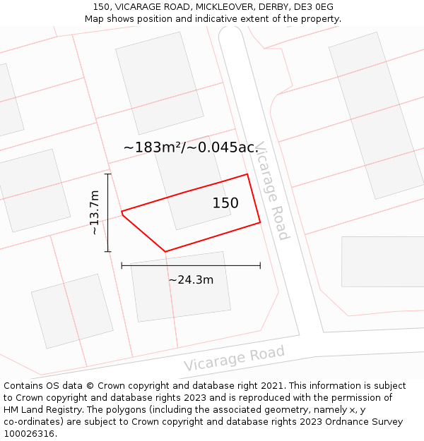 150, VICARAGE ROAD, MICKLEOVER, DERBY, DE3 0EG: Plot and title map