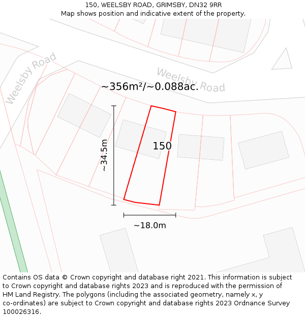 150, WEELSBY ROAD, GRIMSBY, DN32 9RR: Plot and title map