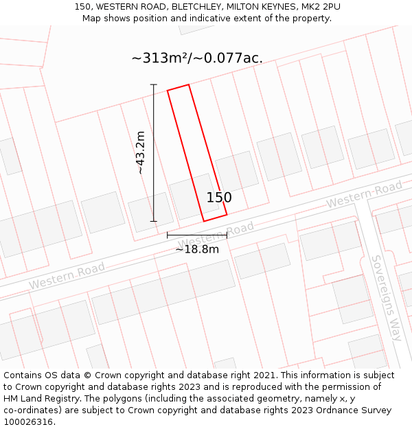 150, WESTERN ROAD, BLETCHLEY, MILTON KEYNES, MK2 2PU: Plot and title map