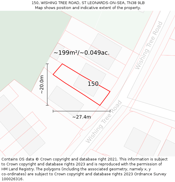 150, WISHING TREE ROAD, ST LEONARDS-ON-SEA, TN38 9LB: Plot and title map
