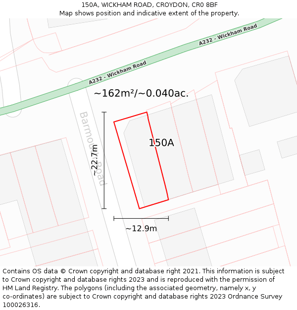 150A, WICKHAM ROAD, CROYDON, CR0 8BF: Plot and title map