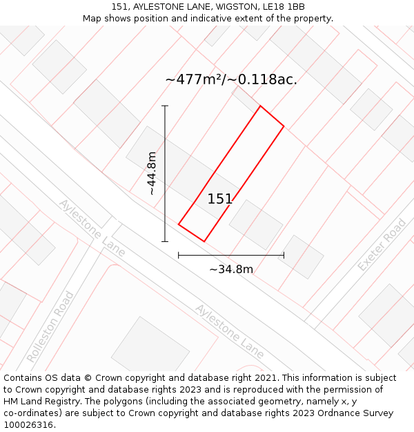 151, AYLESTONE LANE, WIGSTON, LE18 1BB: Plot and title map