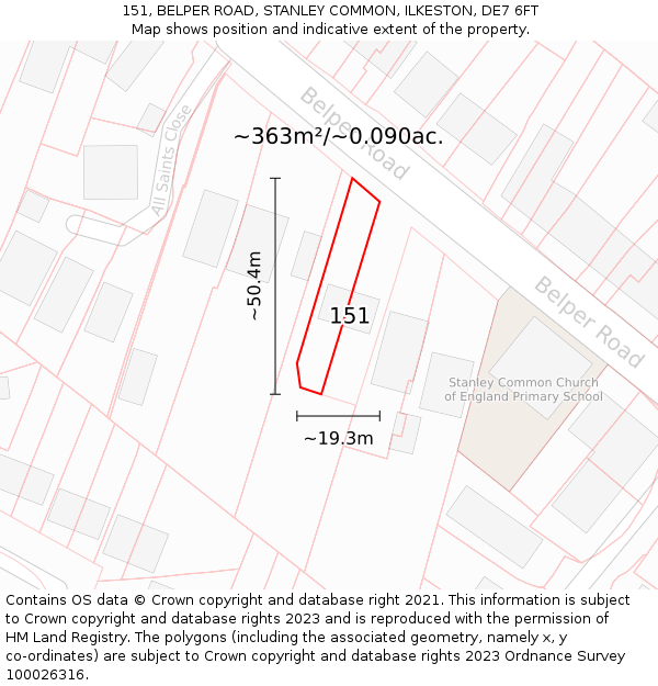 151, BELPER ROAD, STANLEY COMMON, ILKESTON, DE7 6FT: Plot and title map