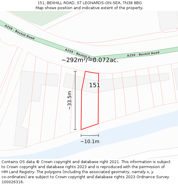 151, BEXHILL ROAD, ST LEONARDS-ON-SEA, TN38 8BG: Plot and title map