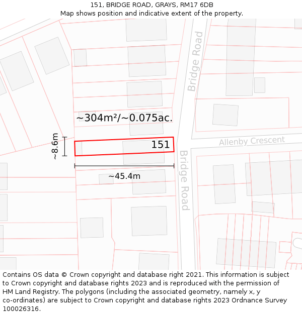 151, BRIDGE ROAD, GRAYS, RM17 6DB: Plot and title map
