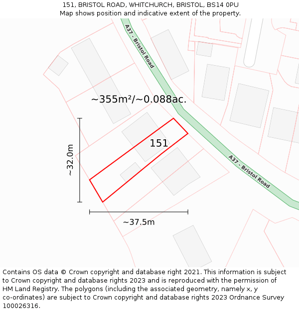 151, BRISTOL ROAD, WHITCHURCH, BRISTOL, BS14 0PU: Plot and title map