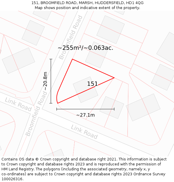 151, BROOMFIELD ROAD, MARSH, HUDDERSFIELD, HD1 4QG: Plot and title map