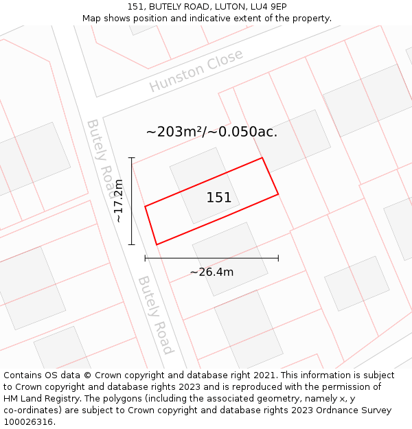 151, BUTELY ROAD, LUTON, LU4 9EP: Plot and title map