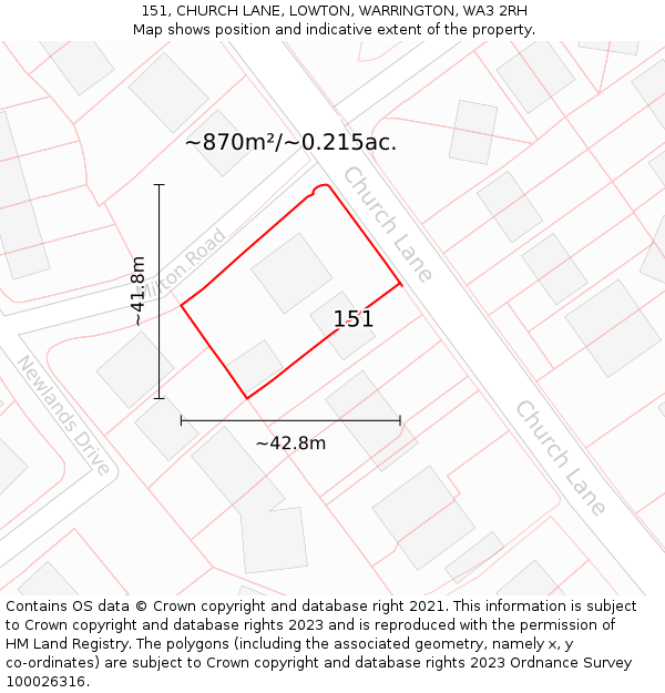 151, CHURCH LANE, LOWTON, WARRINGTON, WA3 2RH: Plot and title map