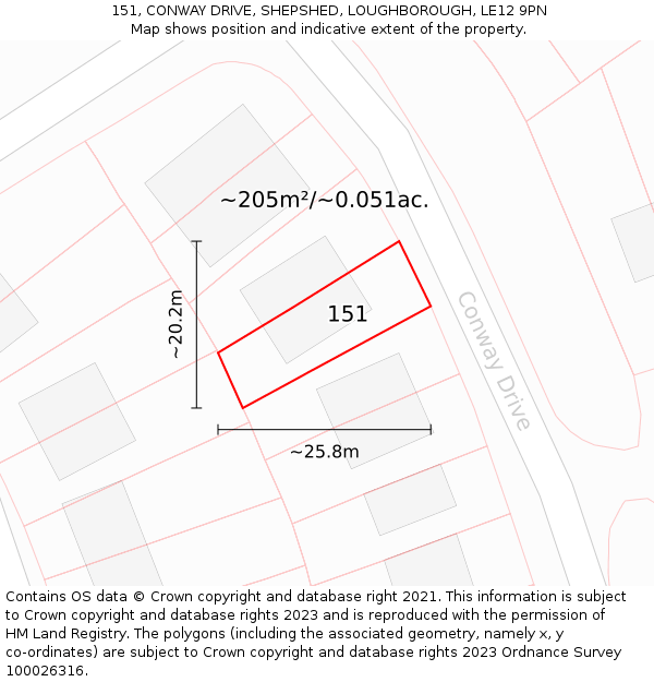 151, CONWAY DRIVE, SHEPSHED, LOUGHBOROUGH, LE12 9PN: Plot and title map