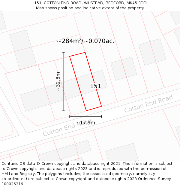 151, COTTON END ROAD, WILSTEAD, BEDFORD, MK45 3DD: Plot and title map