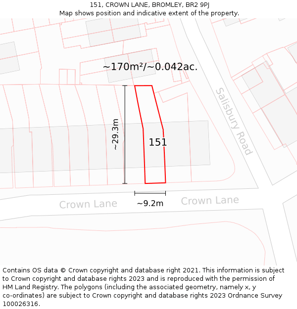 151, CROWN LANE, BROMLEY, BR2 9PJ: Plot and title map