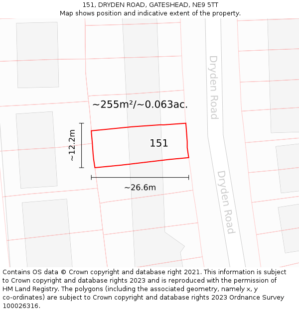 151, DRYDEN ROAD, GATESHEAD, NE9 5TT: Plot and title map