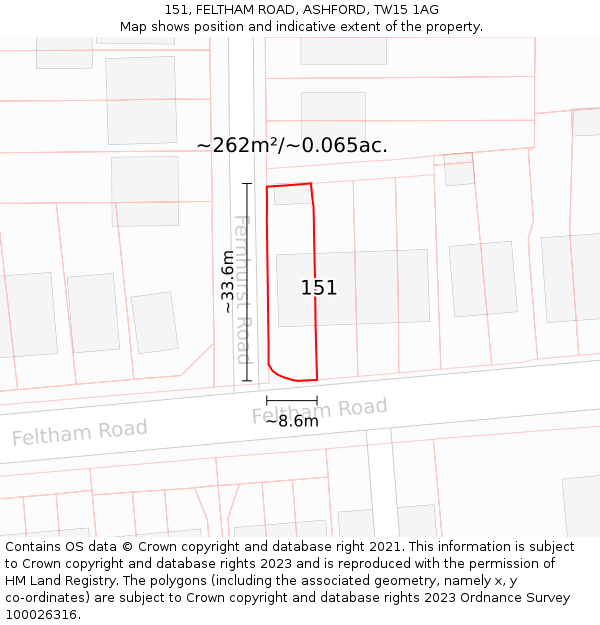 151, FELTHAM ROAD, ASHFORD, TW15 1AG: Plot and title map