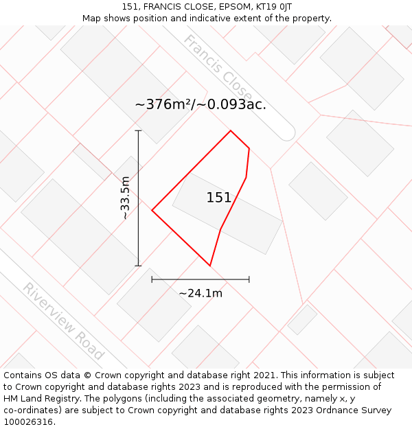 151, FRANCIS CLOSE, EPSOM, KT19 0JT: Plot and title map