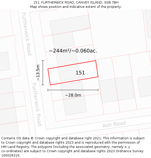 151, FURTHERWICK ROAD, CANVEY ISLAND, SS8 7BH: Plot and title map