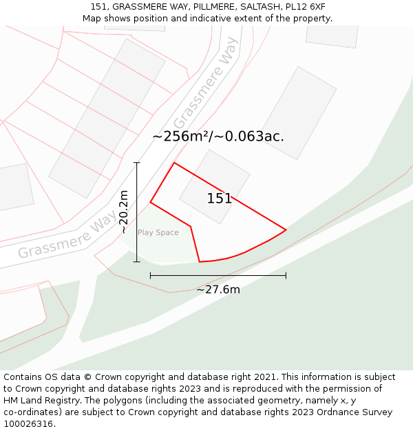 151, GRASSMERE WAY, PILLMERE, SALTASH, PL12 6XF: Plot and title map
