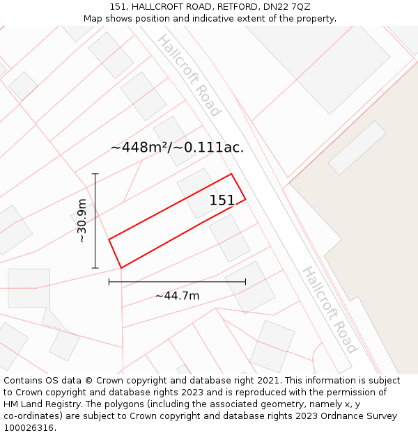 151, HALLCROFT ROAD, RETFORD, DN22 7QZ: Plot and title map
