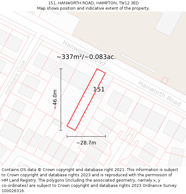 151, HANWORTH ROAD, HAMPTON, TW12 3ED: Plot and title map