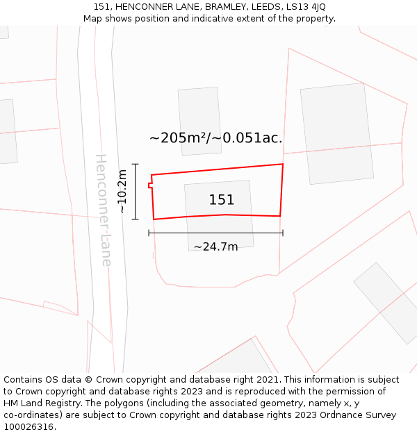 151, HENCONNER LANE, BRAMLEY, LEEDS, LS13 4JQ: Plot and title map