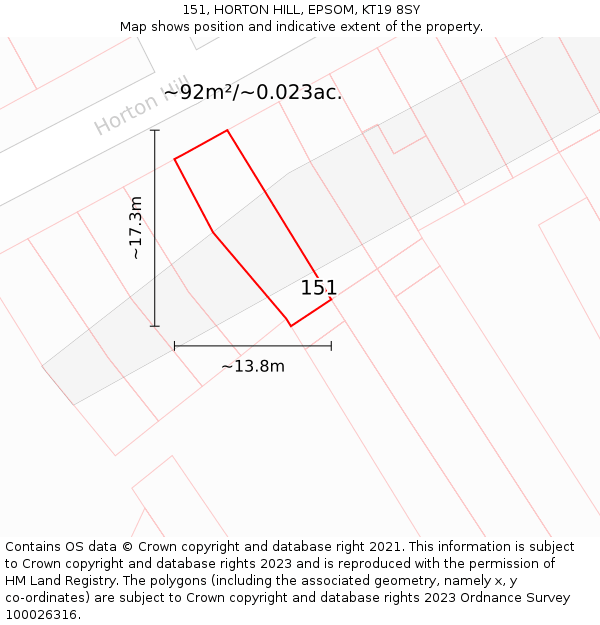 151, HORTON HILL, EPSOM, KT19 8SY: Plot and title map