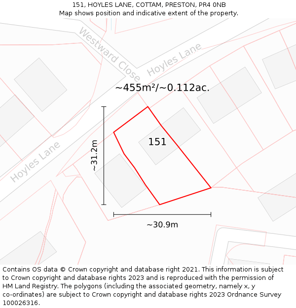151, HOYLES LANE, COTTAM, PRESTON, PR4 0NB: Plot and title map