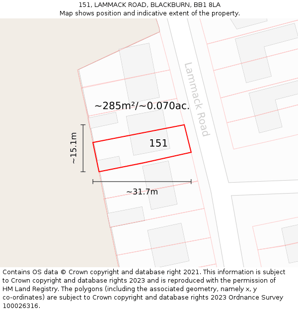 151, LAMMACK ROAD, BLACKBURN, BB1 8LA: Plot and title map