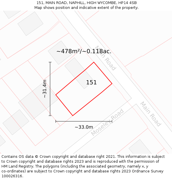 151, MAIN ROAD, NAPHILL, HIGH WYCOMBE, HP14 4SB: Plot and title map