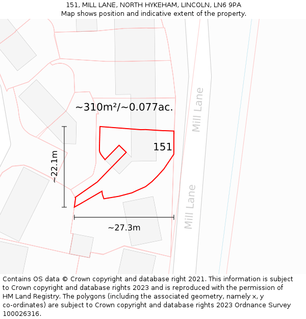 151, MILL LANE, NORTH HYKEHAM, LINCOLN, LN6 9PA: Plot and title map