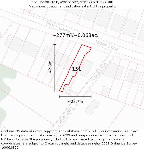 151, MOOR LANE, WOODFORD, STOCKPORT, SK7 1PF: Plot and title map