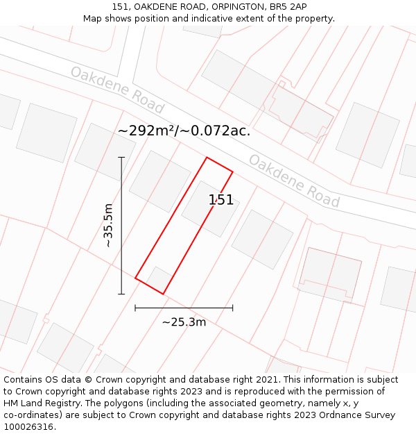 151, OAKDENE ROAD, ORPINGTON, BR5 2AP: Plot and title map