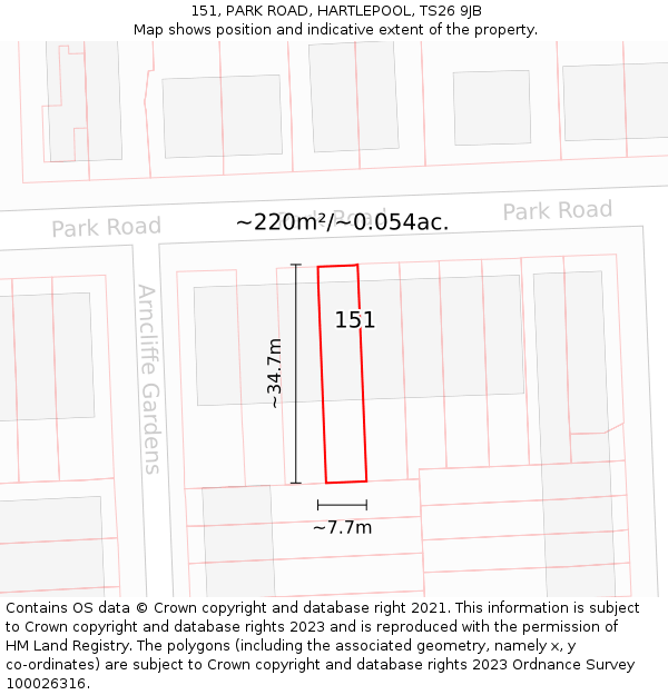 151, PARK ROAD, HARTLEPOOL, TS26 9JB: Plot and title map