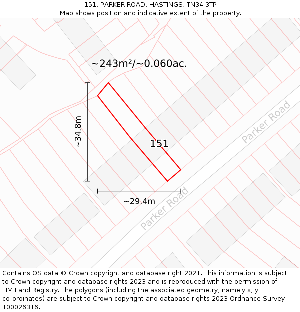 151, PARKER ROAD, HASTINGS, TN34 3TP: Plot and title map