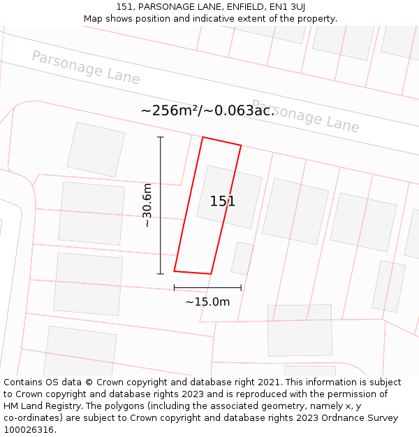 151, PARSONAGE LANE, ENFIELD, EN1 3UJ: Plot and title map