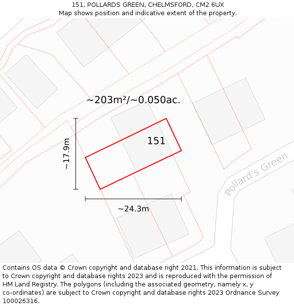 151, POLLARDS GREEN, CHELMSFORD, CM2 6UX: Plot and title map