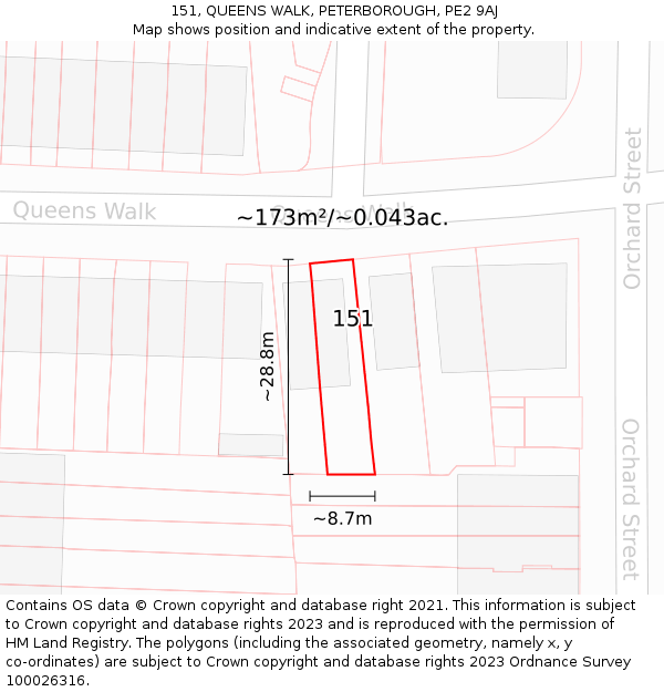 151, QUEENS WALK, PETERBOROUGH, PE2 9AJ: Plot and title map